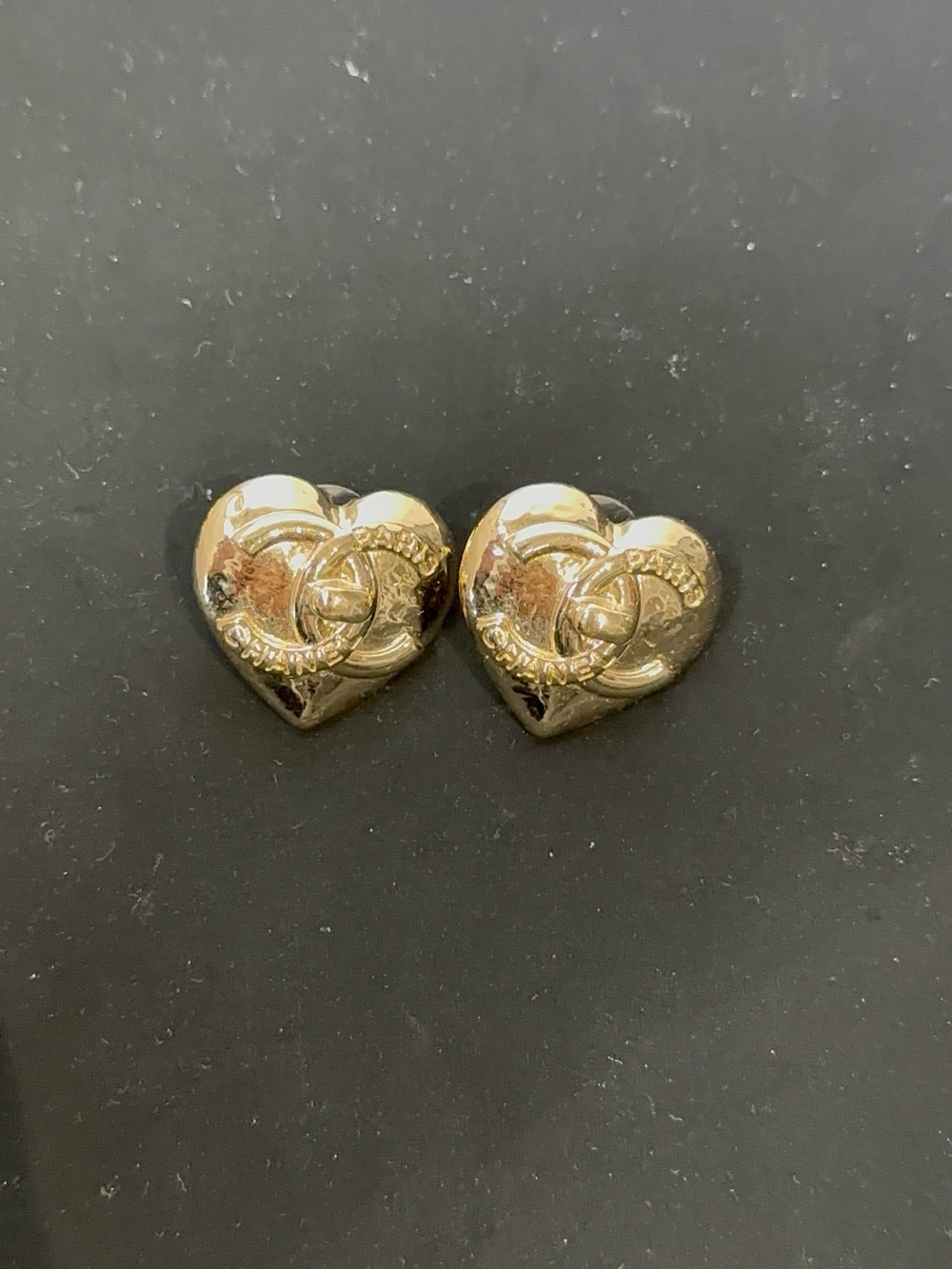 CHANEL Gold Heart CC Logo Stud Earrings